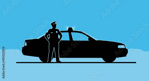 Police Officer Standing Next to Patrol Car Silhouette Illustration in Blue Background for Law Enforcement and Security Themes