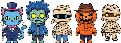 Cartoon Halloween characters in festive costumes including cat in tuxedo, zombie, mummy, pumpkin head, and spooky bandaged figure for seasonal decoration and design