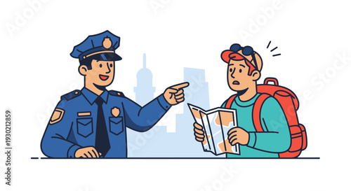 Police Officer Talking to a Tourist with a Map in an Urban Setting, Security and Assistance Concept for Public Safety and Tourism