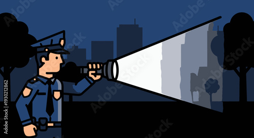 Police Officer Using a Flashlight at Night in an Urban Park for Security and Safety Patrols