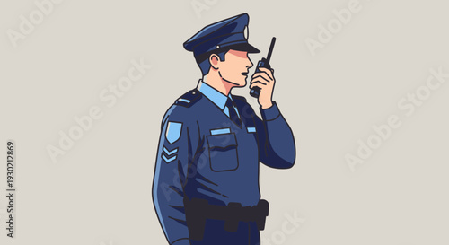 Police Officer Using a Walkie-Talkie in Uniform on Duty, Law Enforcement Communication, Security Personnel with Radio Device, Public Safety and Crime Prevention Scenario