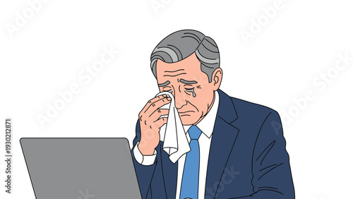 Senior businessman in a dark suit sitting at his laptop computer and crying while wiping his eyes with a handkerchief due to a failure.