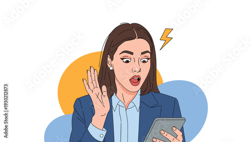 Shocked young woman looking at her smartphone screen with a lightning bolt symbol representing an urgent message or sudden news arrival.