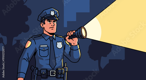 Police Officer Using Flashlight at Night in a Dark Urban Environment for Security and Law Enforcement Situations