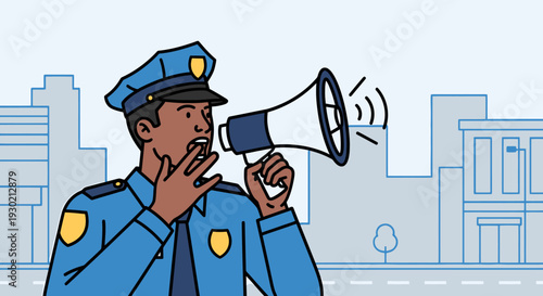 Police Officer Using Megaphone for Public Announcement on Urban Streets in Modern City Setting