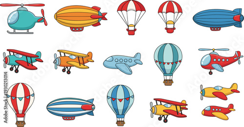 Colorful cartoon flying vehicles set with helicopters, airplanes, biplanes, blimps, parachutes, and hot air balloons for education, decoration, transport concepts, and playful design illustrations