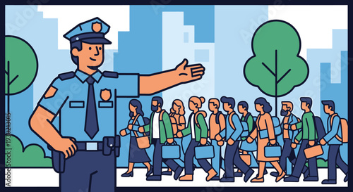 Urban Police Officer Managing Crowd Control in City Park Scene with Pedestrians and Greenery