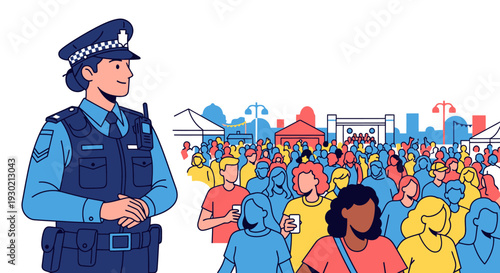 Vibrant Outdoor Festival Scene Featuring a Police Officer Overseeing Crowds