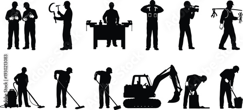 Industrial and Construction Worker Silhouettes with Tools, Excavator and Cleaning Equipment Isolated on White Background Manual Labor Occupation Collection Set