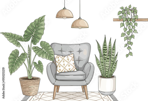 Cozy modern living room interior with gray armchair, decorative pillow, potted plants, pendant lights, and patterned rug, perfect for home decor and lifestyle illustration projects