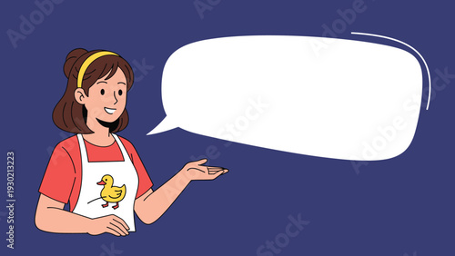 Friendly woman wearing a red shirt and a white apron with a duck logo gestures toward a large empty speech bubble for text.