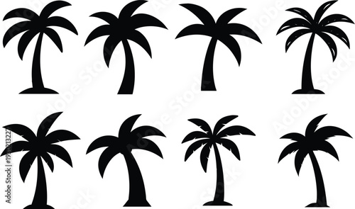 Collection of eight diverse palm tree silhouettes in black against a white background, representing tropical destinations