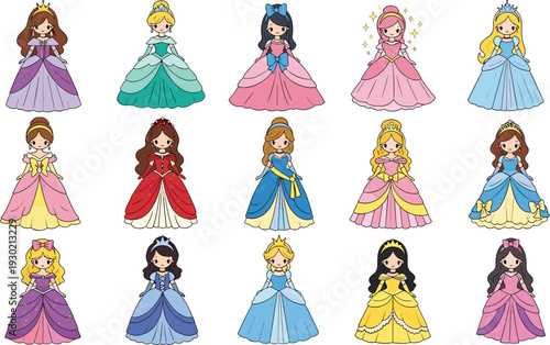 Cute cartoon princess character set with colorful gowns, crowns, hairstyles, and accessories, whimsical fairy tale illustration concept for children’s media, costume design, fantasy,