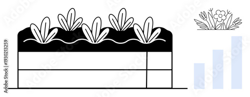 Gardening concept. Gardening elements including raised beds with plants, growth chart, and floral icons. Gardening emphasizing sustainability, productivity, and efficient land use. For agriculture