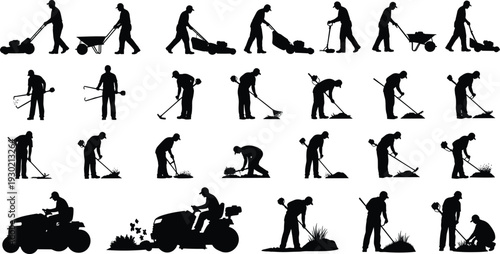 Landscaping and Gardening Worker Silhouettes with Lawn Mower, Trimmer and Tools Isolated on White Background Outdoor Maintenance Service Collection Set