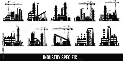 Industrial Factory and Oil Refinery Silhouettes with Cranes and Pipelines Isolated on White Background Heavy Industry Manufacturing Plant Engineering Infrastructure Collection