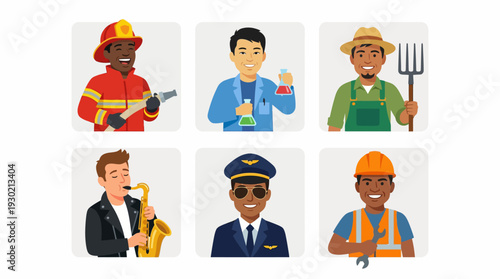 Six diverse male characters representing various professions and hobbies like firefighter, scientist, farmer, musician, pilot, and construction worker.
