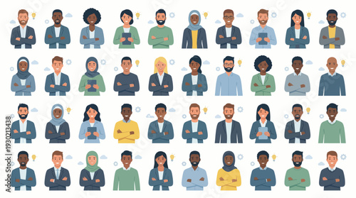 A diverse collection of professional business people avatars, representing various ethnicities and genders in a grid layout.