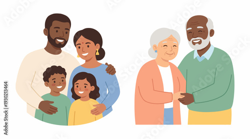 A diverse family with a Black father, Indian mother, Black son, and Indian daughter smiling and embracing.
