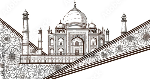 Detailed line drawing of Taj Mahal with central dome, minarets, and decorative floral patterns, combining Mughal architecture heritage with artistic ornamental design illustration