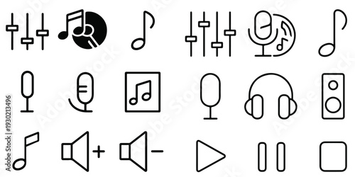 Amazing set of  different musical icons in flat minimal style illustration. The pack contains various black audio icons and musical instruments like: microphones headphones speakers equalizer DVD no