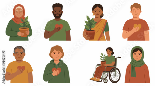 Diverse group of people expressing care and empathy, some holding plants, others with hands over hearts, symbolizing unity and environmental consciousness.