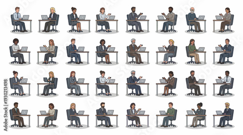 A diverse group of people working on laptops at individual desks, representing various ages and ethnicities in a professional or educational setting.