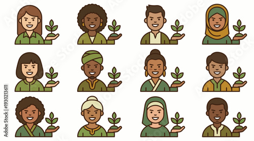 A diverse group of people from different backgrounds holding small green plants, symbolizing environmental care and global sustainability.