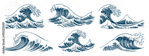 Sea Waves Sketch Collection Featuring Powerful Storm Waves, Vintage Tide Currents, and Ocean Beach Storm Scenes, Hand Drawn Vector Illustration Set in Detailed Engraving and Nautical Style