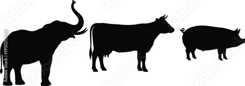 Isolated black silhouettes of an elephant, a cow, and a pig set against a white background for design.