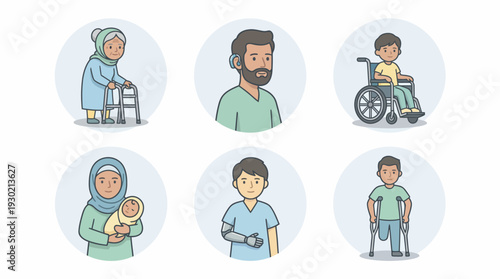 Illustrations of diverse individuals representing different ages, abilities, and backgrounds, promoting inclusion.