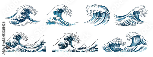 Sea Waves Sketch Collection Featuring Powerful Storm Waves, Vintage Tide Currents, and Ocean Beach Storm Scenes, Hand Drawn Vector Illustration Set in Detailed Engraving and Nautical Style