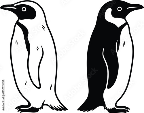 Minimalist black and white vector illustration of two cute penguins standing side by side on a clean white background.