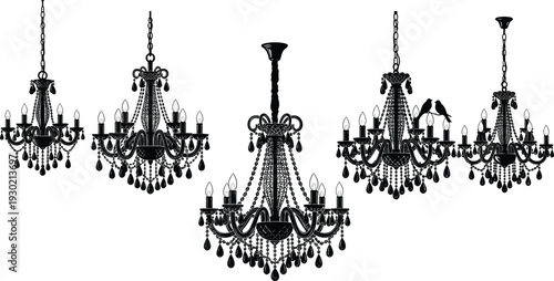 Elegant ornate chandelier silhouettes with crystals, candle lights, and perched birds, luxurious decorative interior design illustration concept combining classic style, whimsical detail, 
