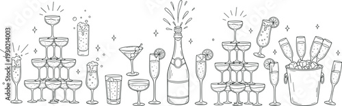 Black and white festive illustration of champagne bottle, cocktail glasses, champagne towers, and sparkling drinks, perfect for party celebration, luxury event, wedding toast, and decorative 