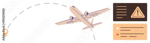 Travel safety. Vector illustration. navigation alerts, aviation, flight tracking, transportation, airline logistics. Airplane flight path and warning signs. Travel safety and navigation alerts