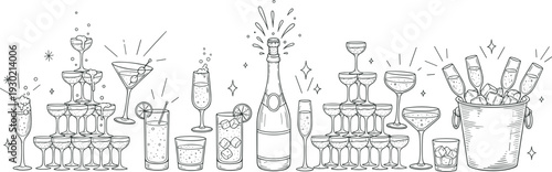 Black and white festive illustration of champagne bottles, cocktail glasses, champagne towers, and sparkling drinks, perfect for party celebration, luxury event, and decorative artwork design.
