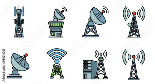 Collection of Colorful Communication Towers and Antennas Icons.