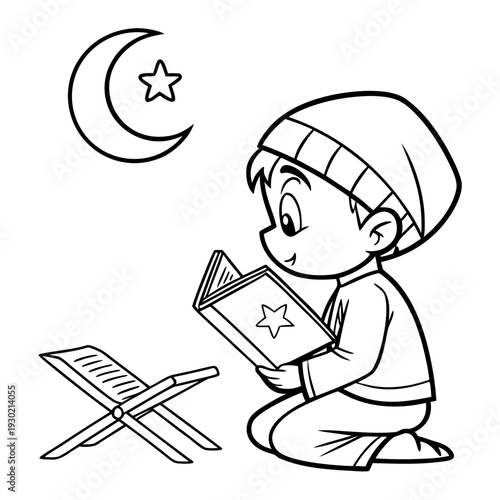 Simple cute chibi doodle line art vector, adorable child sitting cross-legged reading Quran with small crescent moon and star above, minimal black line drawing on pure white background, strictly black