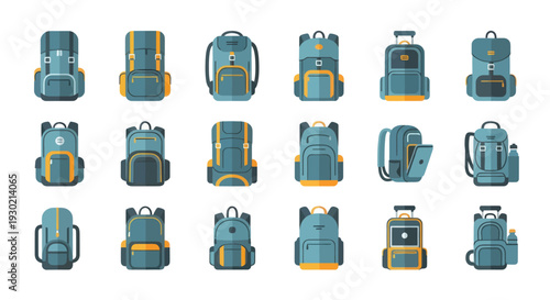 A large collection of illustrated travel hiking and camping backpacks in various styles.