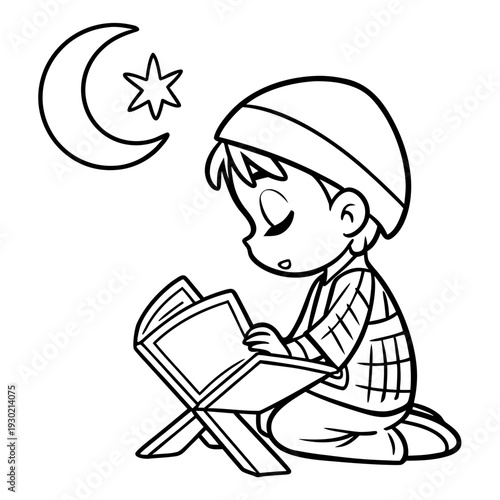 Simple cute chibi doodle line art vector, adorable child sitting cross-legged reading Quran with small crescent moon and star above, minimal black line drawing on pure white background, strictly black