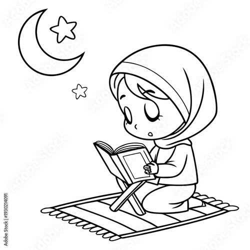 Simple cute chibi doodle line art vector, adorable child sitting cross-legged reading Quran with small crescent moon and star above, minimal black line drawing on pure white background, strictly black