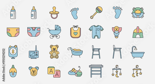 Collection of Baby Related Icons: Bottle Pacifier Footprint Rattle Diaper Stroller Bib Onesie Flowers Teddy Bear and More.