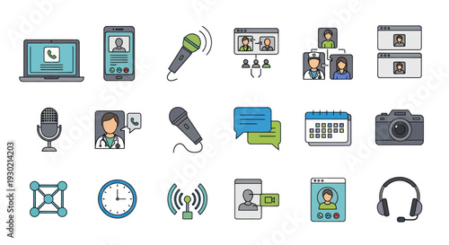 Collection of Hand-Drawn Icons Representing Communication and Technology.