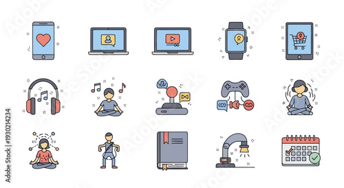 Collection of Colorful Technology and Lifestyle Icon Illustrations.