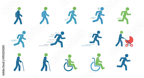 Diverse stick figure icons showing people walking running pushing stroller and in wheelchairs.