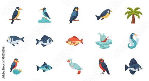 Set of colorful flat design icons featuring tropical birds sea life fish and a palm tree.