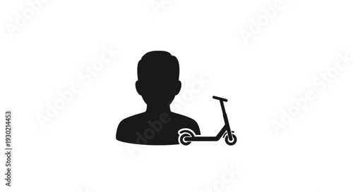 Black silhouette icon of a persons profile avatar with an electric kick scooter for urban mobility.