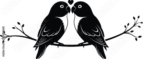 Two cute lovebirds sitting together on a branch with a small heart icon above them in a flat black vector.