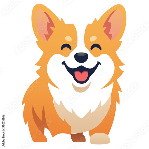 Corgi with big smile stands on white background. Cartoon style with playful expression. Concept of pet care, dog adoption, animal illustrations